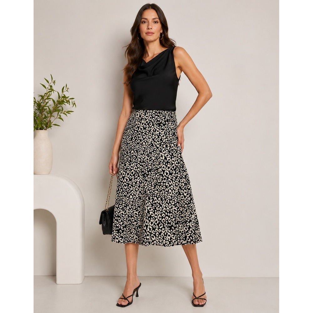 2/$30 Lovers+Friends Midi Skirt Women Sz M Cream Black Leopard Print Lightweight